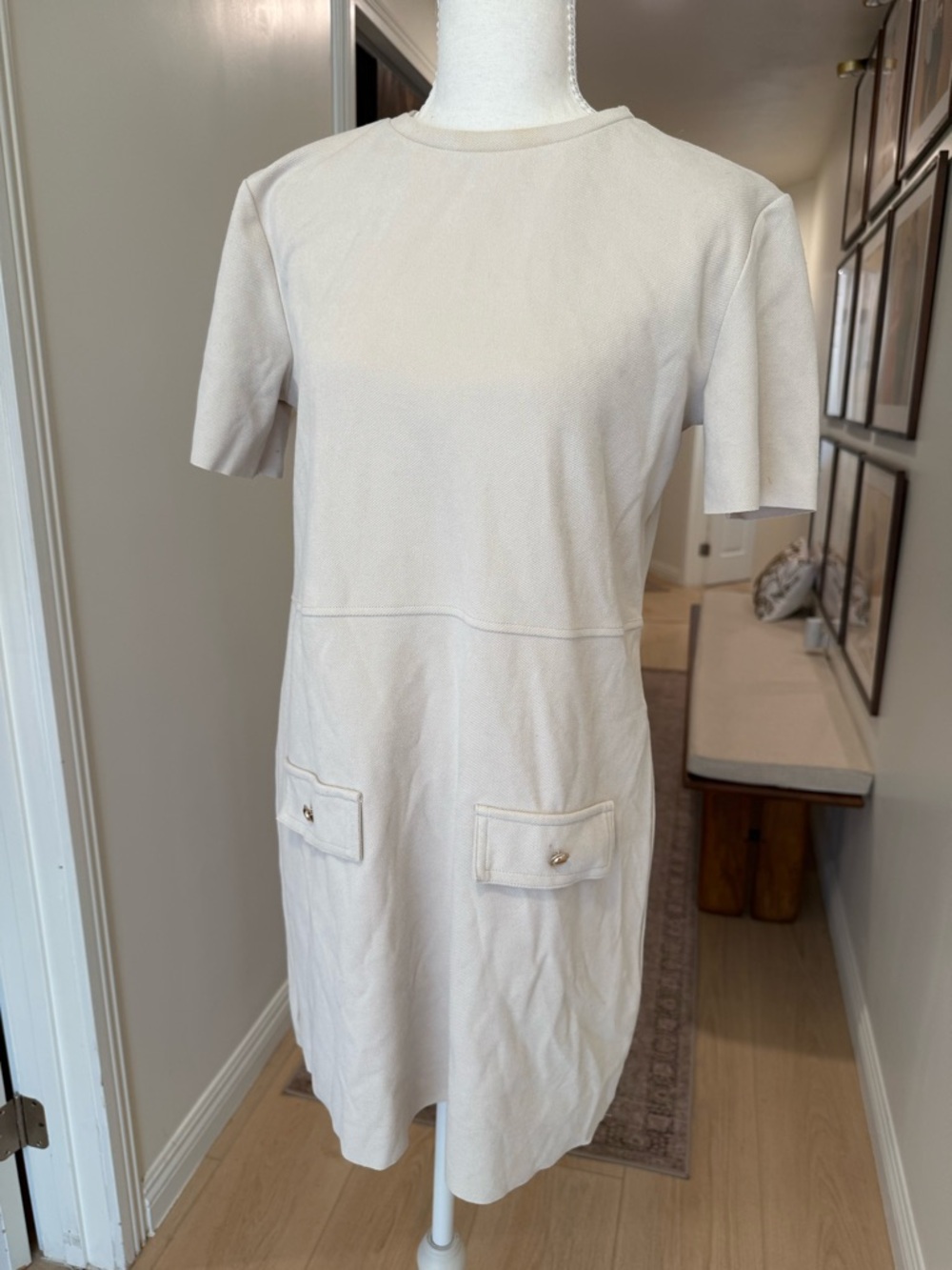 Zara Cream Short Sleeve Mini Dress with Front Flap Pockets